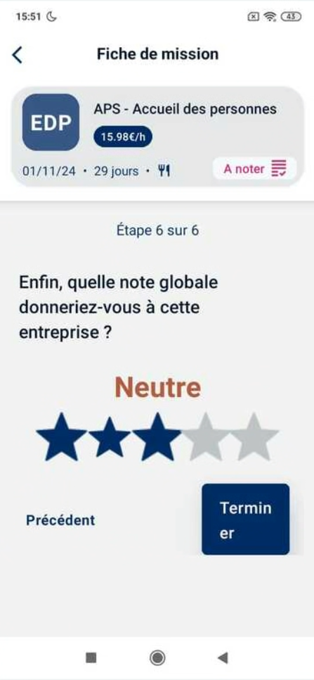 Écran de notation d'une mission avec les 6 questions et le système d'étoiles pour évaluer chaque question